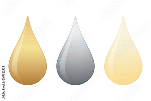 Conjunto de tres gotas de líquido con diferentes colores y texturas brillantes sobre un fondo blanco aislado, ideal para diseño gráfico, iconos o elementos de infografía creativa.