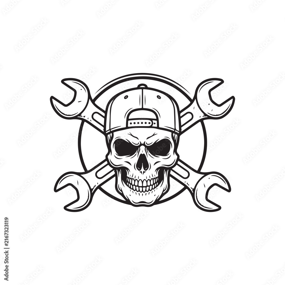 Fototapeta premium Pirate Skull and Crossbones in Circle Vector Illustration, Gothic Halloween Symbol of Death, Danger and Horror, Skeleton Tattoo Design with Grunge Style Isolated Graphic Art