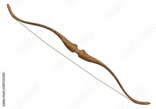 A detailed wooden recurve bow rests on transparent background archery