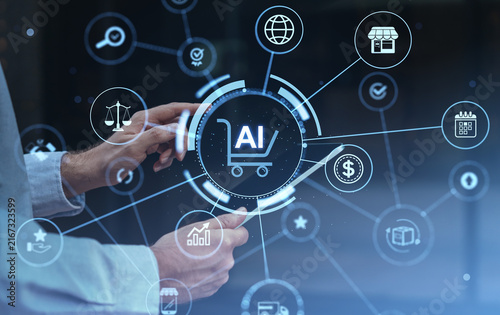 Artificial intelligence shopping technology concept with human hands, digital interface, connected business icons, analytics and global commerce network.