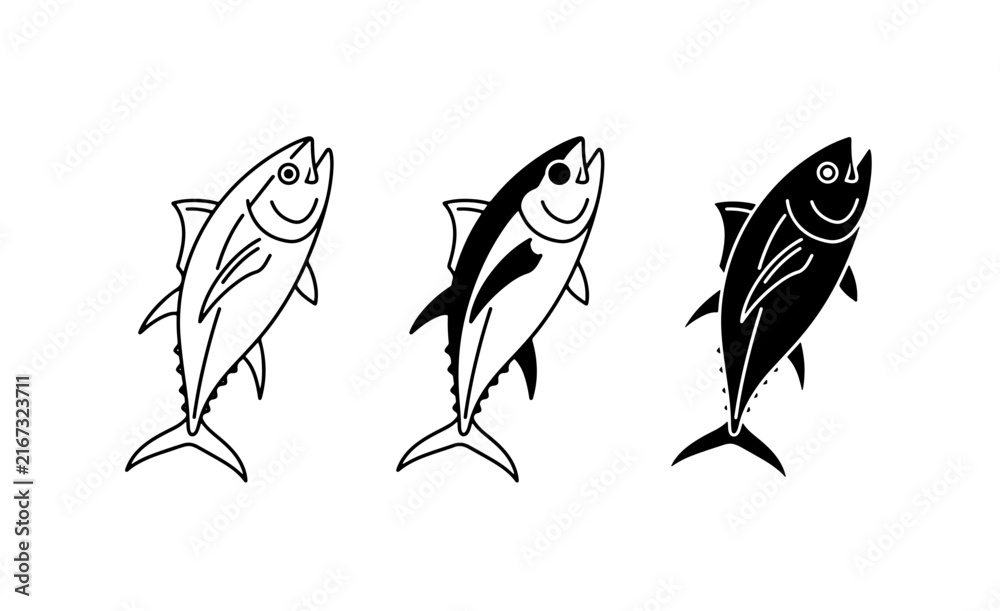 Fototapeta premium Tuna Fish Icons, Seafood Vector Graphics, Marine Life Illustrations, Black and White Aquatic Animal Designs