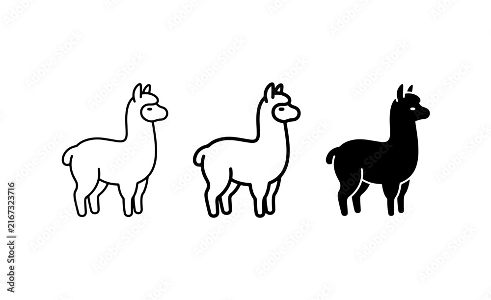 Naklejka premium Llama Icon Set, Simple Line Art & Silhouette Vector Graphics, Cute Animal Illustrations for Design
