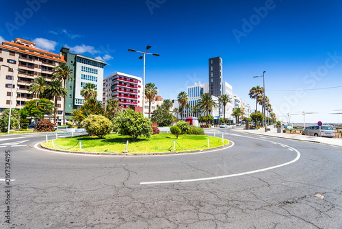 Modern apartment buildings and street roundabout in Santa Cruz de La Palma