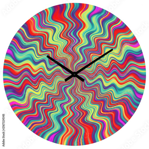 Reloj de pared redondo con un diseño psicodélico de ondas coloridas y vibrantes que crean un efecto visual hipnótico y dinámico sobre un fondo blanco aislado