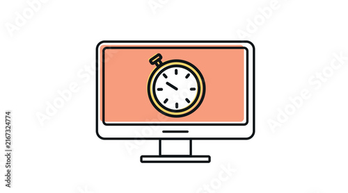 Desktop computer monitor with stopwatch speed symbol on screen vector icon. Black line art with offset fill style on white background. 