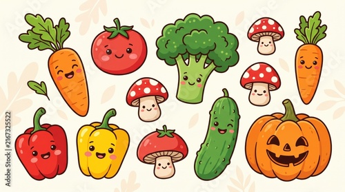 Cute fresh vegetables vector sticker set featuring organic vegetable icons like tomato, carrot, mushroom, pepper, and broccoli for healthy food, farm fresh, raw diet art design.