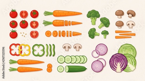 Cute fresh vegetables vector sticker set featuring organic vegetable icons like tomato, carrot, mushroom, pepper, and broccoli for healthy food, farm fresh, raw diet art design.
