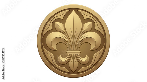 Emblema circular de color dorado con un diseño clásico de flor de lis en relieve, ideal para proyectos de diseño heráldico, logotipos de lujo o elementos decorativos elegantes.