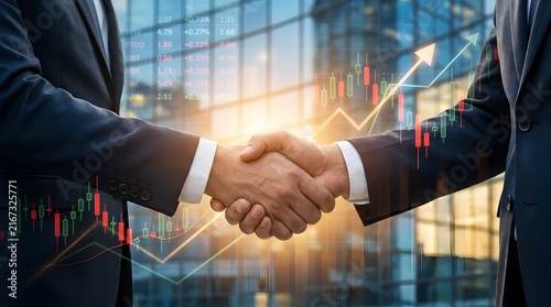 Businessmen shaking hands with financial growth chart and graph background