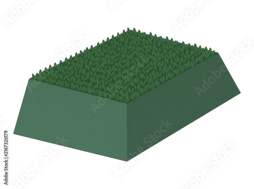 Ilustración isométrica en 3D de un bloque rectangular de césped verde artificial o natural, aislado sobre un fondo blanco para diseño de jardines y arquitectura.
