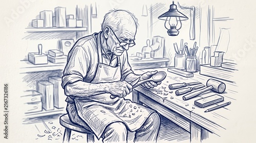 Elderly craftsman working at workbench in detailed ink sketch.