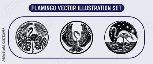 Linocut flamingo vector set featuring tropical monstera leaves, spread wings, night ocean wave landscapes, and vintage woodcut circular emblems for print craft.