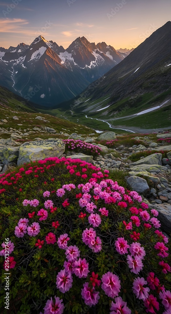 Fototapeta premium Vibrant Alpine Wildflowers Blooming in Rocky Mountain Valley at Sunset