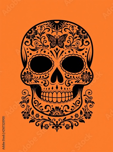 Vibrant Day of the Dead Inspired Sugar Skull Portrait with Floral Ornamentation and Butterfly Face Art on Bold Orange Background