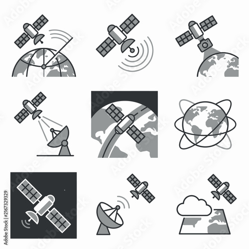 Collection of satellite and communication technology icons in grayscale.
