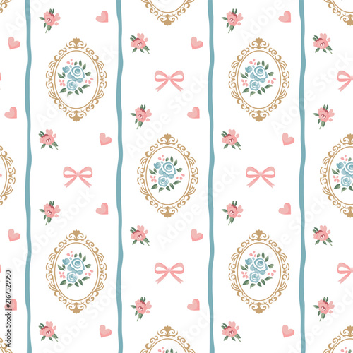 10. Pastel Floral Vintage Pattern With Gold Cameo Frames Pink Bows and Hearts Seamless Background