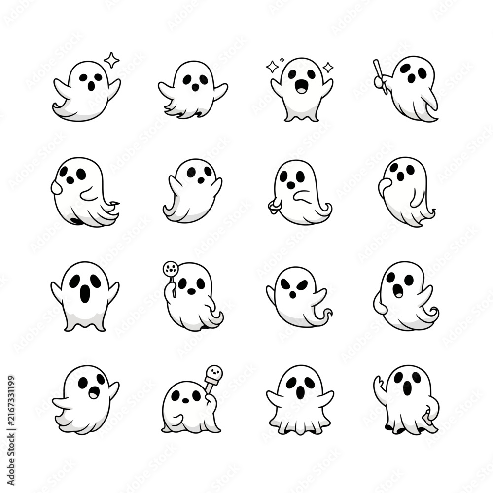 Fototapeta premium Cute Ghost Collection: Halloween Characters, Spooky Fun, Isolated on Transparent Background