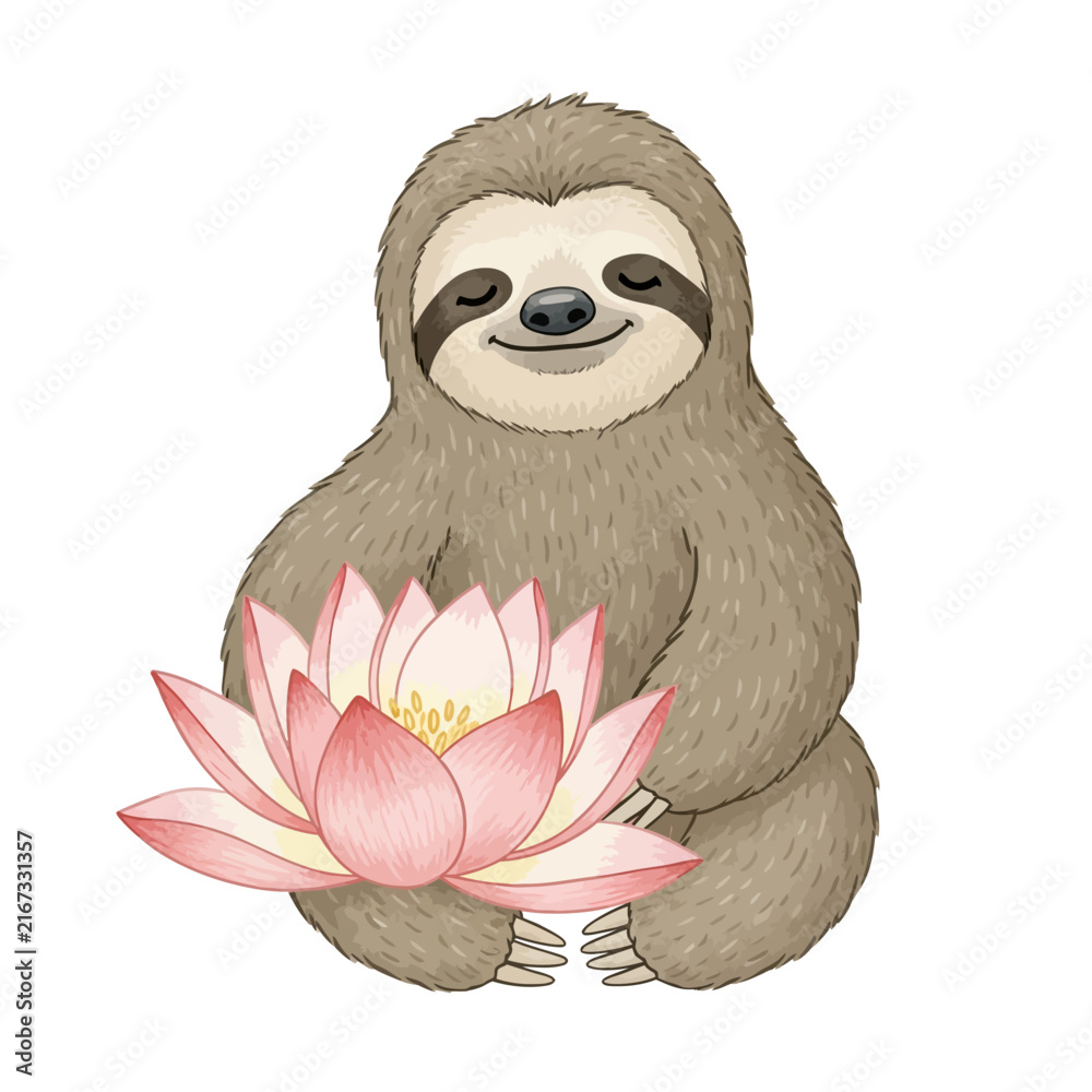 Naklejka premium Cute hand-drawn illustration of a happy sloth character holding a large pink lotus flower lily, isolated on white background, peaceful zen animal art for nursery and greeting cards.