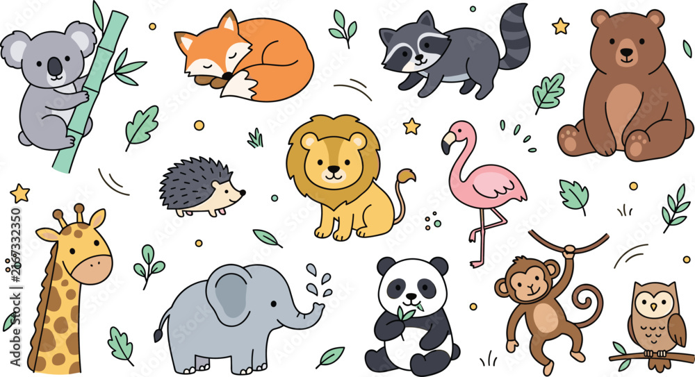 Obraz premium Cute Animals Vector Set Featuring Lion Bear Panda Elephant Giraffe Fox and Koala for Nursery Decor Baby Apparel and Kindergarten Graphic Designs