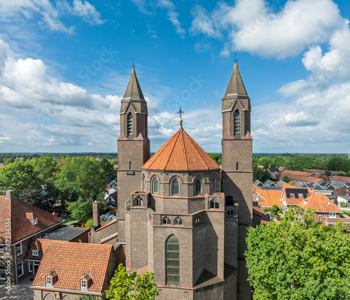 exterior of a church, seen from a drone