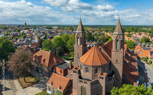 exterior of a church, seen from a drone