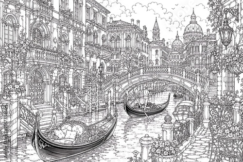 Venetian Canal Garden in Ink, Venetian canal, Venice garden, canal garden, Italian garden, Venice architecture, ink illustration, ink drawing, vintage engraving, black and white art, European garden, 