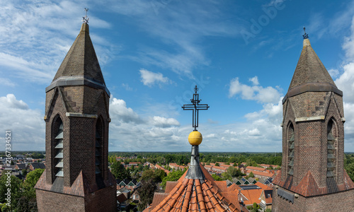 exterior of a church, seen from a drone