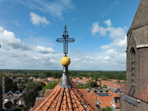 exterior of a church, seen from a drone