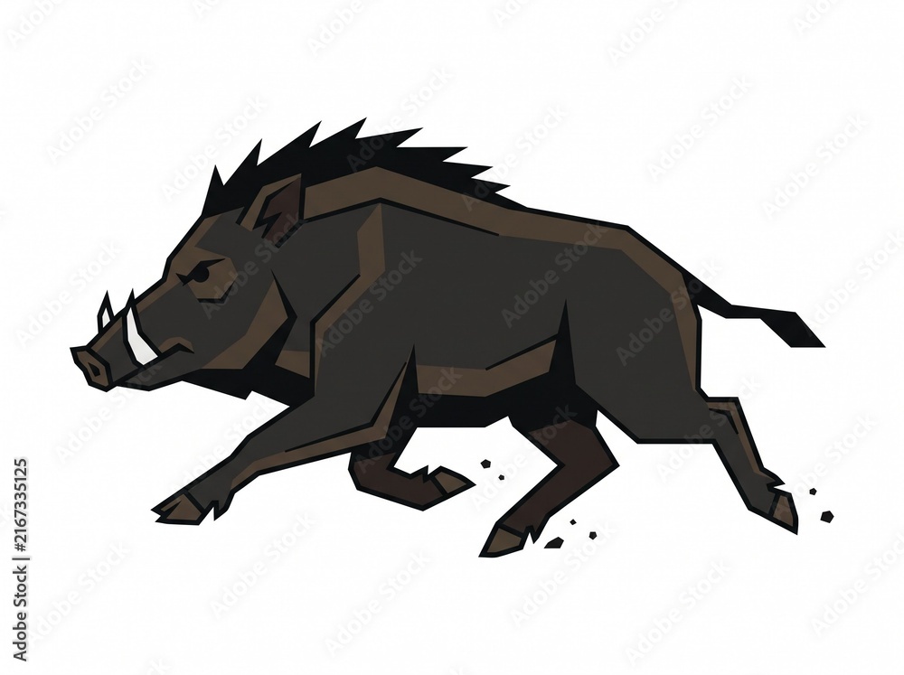 Fototapeta premium Wild boar running, flat 2D vector art, clean geometric lines, solid white background.
