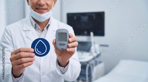 Doctor Holding Unbranded Glucometer With Generic Blue Circle Symbol For World Diabetes Day Awareness, Blood Sugar Monitoring And Healthcare Concept