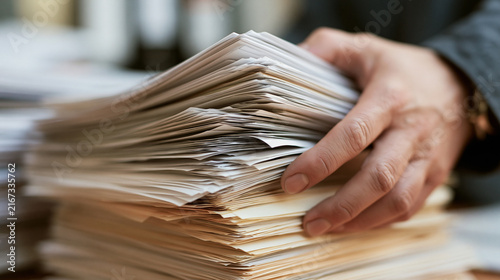 stack of documents on desktop, office 
