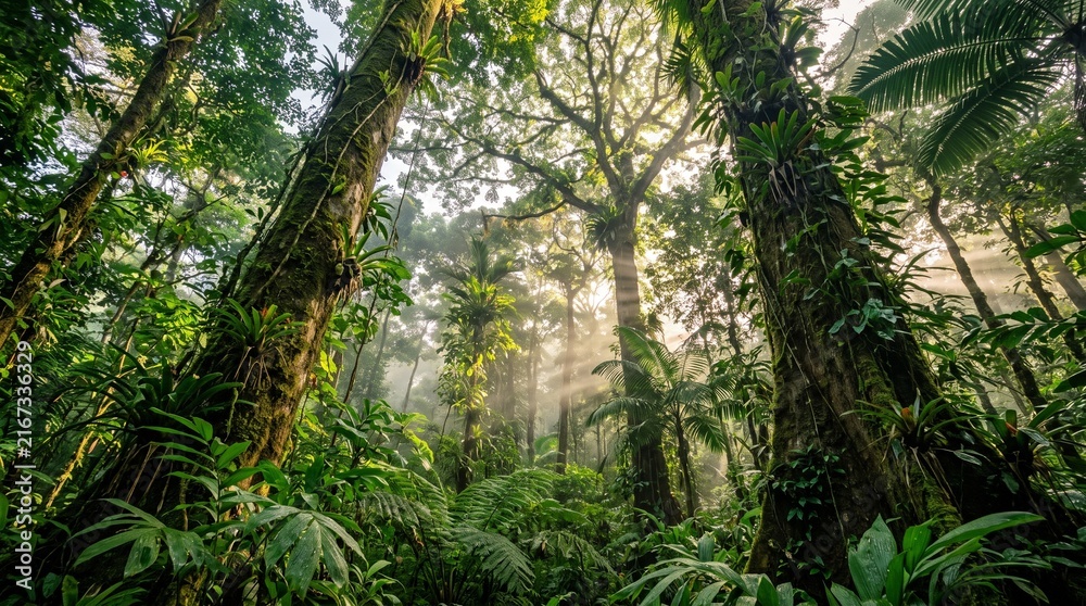 Obraz premium Mystical dense jungle canopy bathed in dappled sunlight with lush green foliage and towering trees