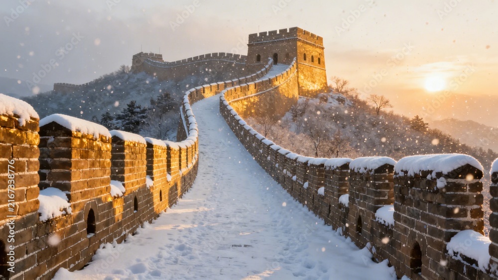Obraz premium Snow-covered Great Wall of China at sunset with falling snowflakes