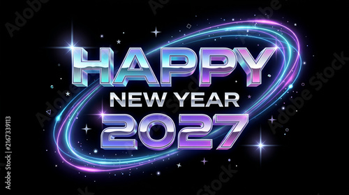 Neon new year 2027 typography with glowing orbital rings on black background