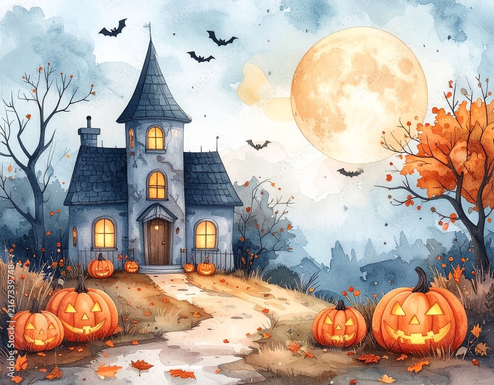 Fototapeta premium Cute Halloween illustration of haunted house and pumpkins, soft colors, children friendly, stock ready