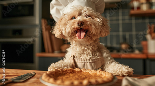 Cute dog in the kitchen with pumpkin pie in front of him