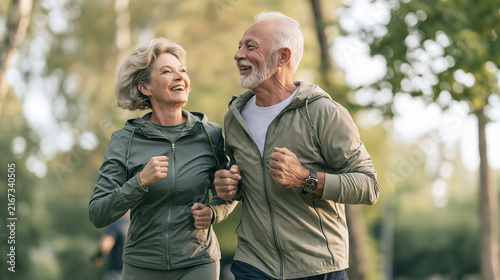 Senior couple enjoying an outdoor run, staying fit and active while smiling. Healthy lifestyle and retirement concept