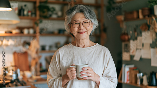 A woman drinks coffee in her kitchen, morning, breakfast
