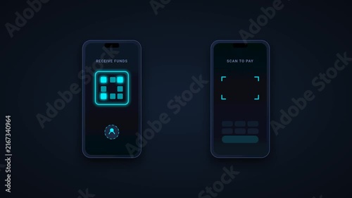 Two Smartphones Scanning QR Code, Flying Gold Coins, Digital Payment