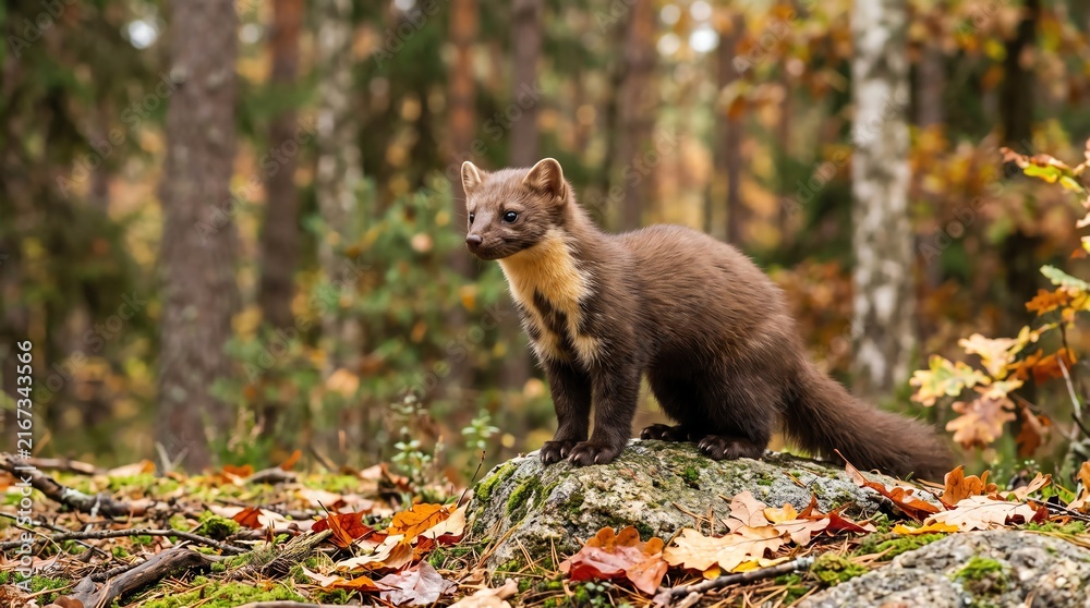 Naklejka premium Wild marten standing on forest floor surrounded by autumn leaves