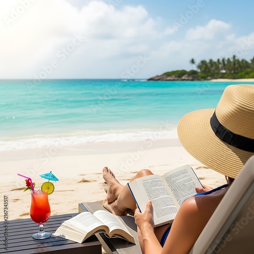 Relaxed Woman Reading Book on Tropical Beach Lounge Chair