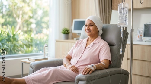 Smiling woman patient receiving chemotherapy treatment in a hospital