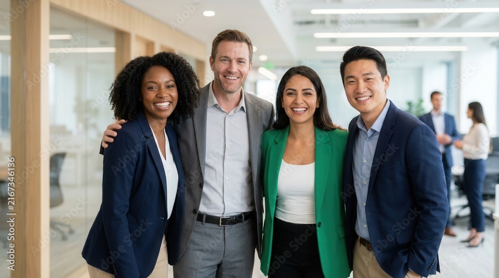 Obraz premium Smiling diverse team of professionals in a modern office