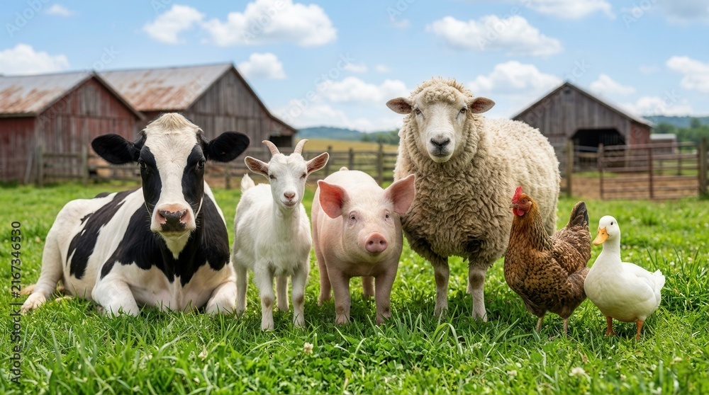 Obraz premium Diverse group of farm animals standing together in a sunny green pasture with barns in the background