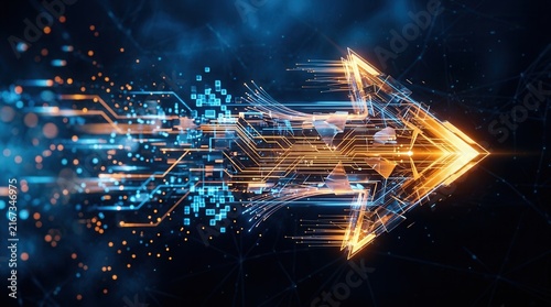 Abstract glowing arrow of digital circuit and data fragments moving right, symbolizing business transformation and growth, speed, innovation, and strategic direction.