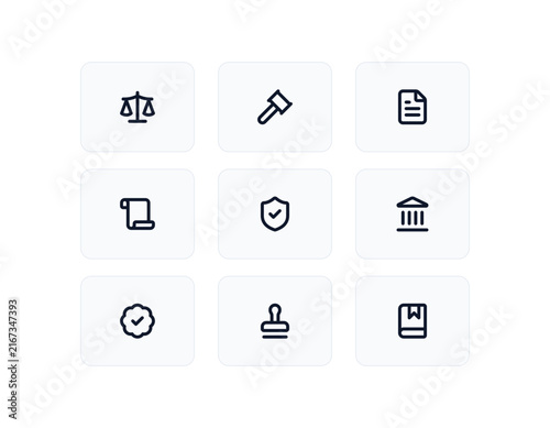 Legal Law Justice Court Judge Lawyer 9 in 1 Vector Icon Set Sheet Pack Isolated on White Background