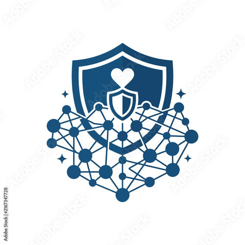 A blue shield icon with a heart and digital network nodes