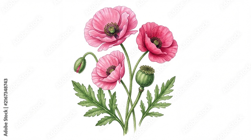 Obraz premium Detailed botanical illustration of delicate pink poppy flowers and green leaves isolated on white background