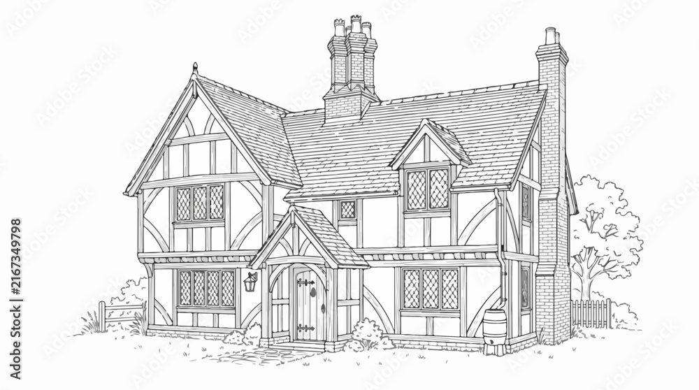 Obraz premium English Tudor house line art with timber framing and brick chimneys
