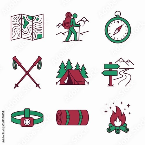 Foto Camping and hiking adventure icons set for outdoor activities